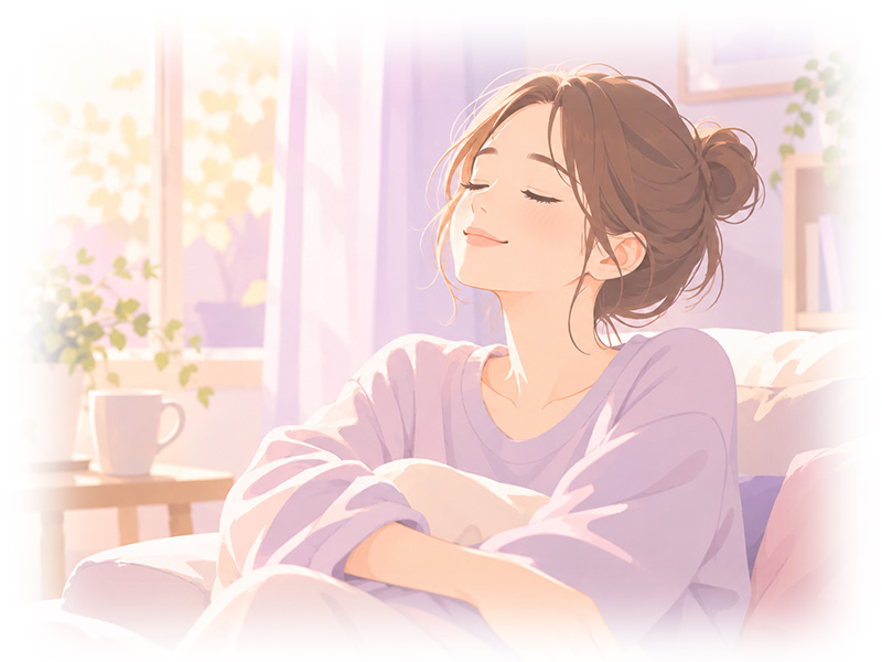明るい日差しの中でくつろぐ女性